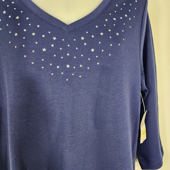 Studio Works Top Medium Blue V Neck Embellishments Beaded Stars 3/4 Sleeve NWT - Picture 5 of 11